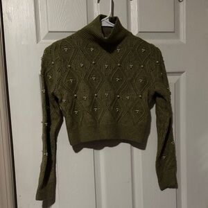 Zara Olive Green Beaded Turtleneck Sweater
